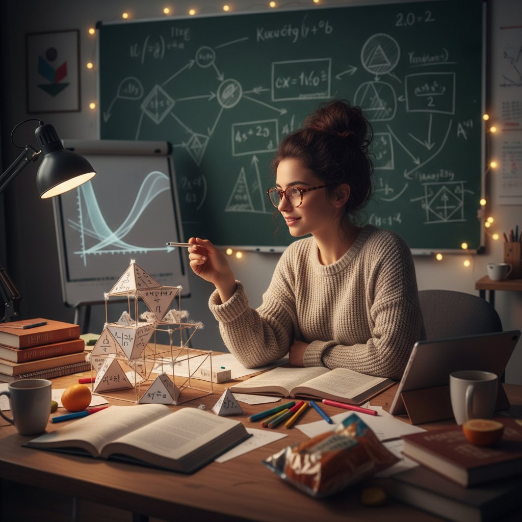 Uczeń rozwiązujący różnorodne matematyczne zadania na kolorowych kartkach, kreatywna atmosfera