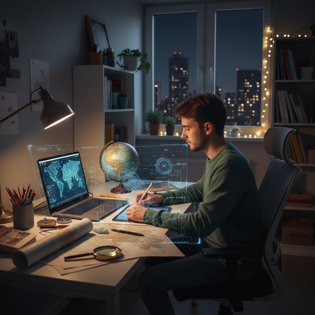 Polski uczeń w nowoczesnym pokoju przy laptopie, mapa i atlasy, intensywna atmosfera nauki online geografia