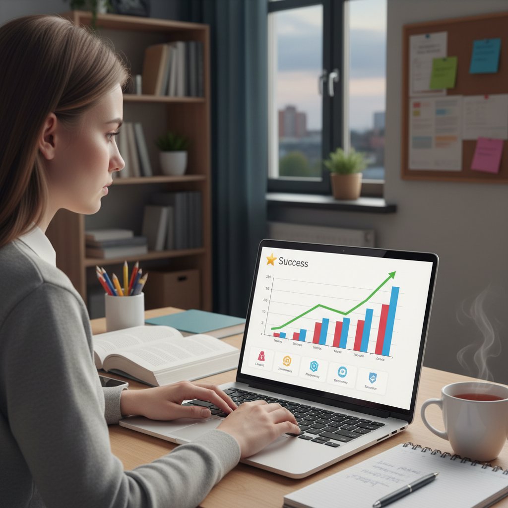 Polska uczennica monitoruje postępy w nauce online, ekran laptopa z wykresem, zadowolenie, sukces