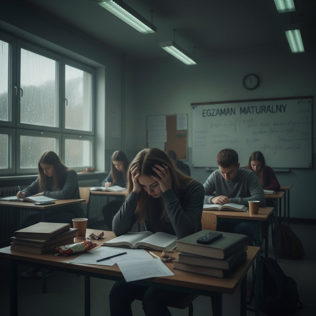 Uczeń przygotowujący się do testu, samotny w klasie, otoczony papierami i książkami, atmosfera napięcia