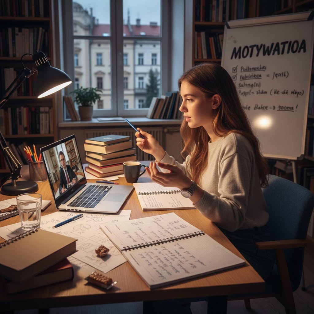 Polski uczeń w otoczeniu książek i notatek, motywacja podczas nauki online