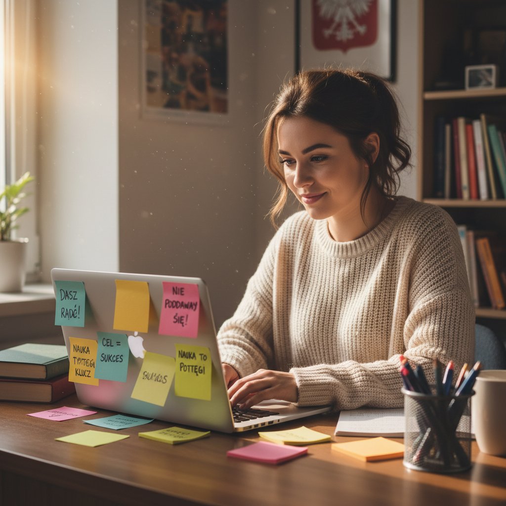 Polski uczeń przy komputerze analizujący swoje cele naukowe, celi online korepetycje, motywacyjne notatki