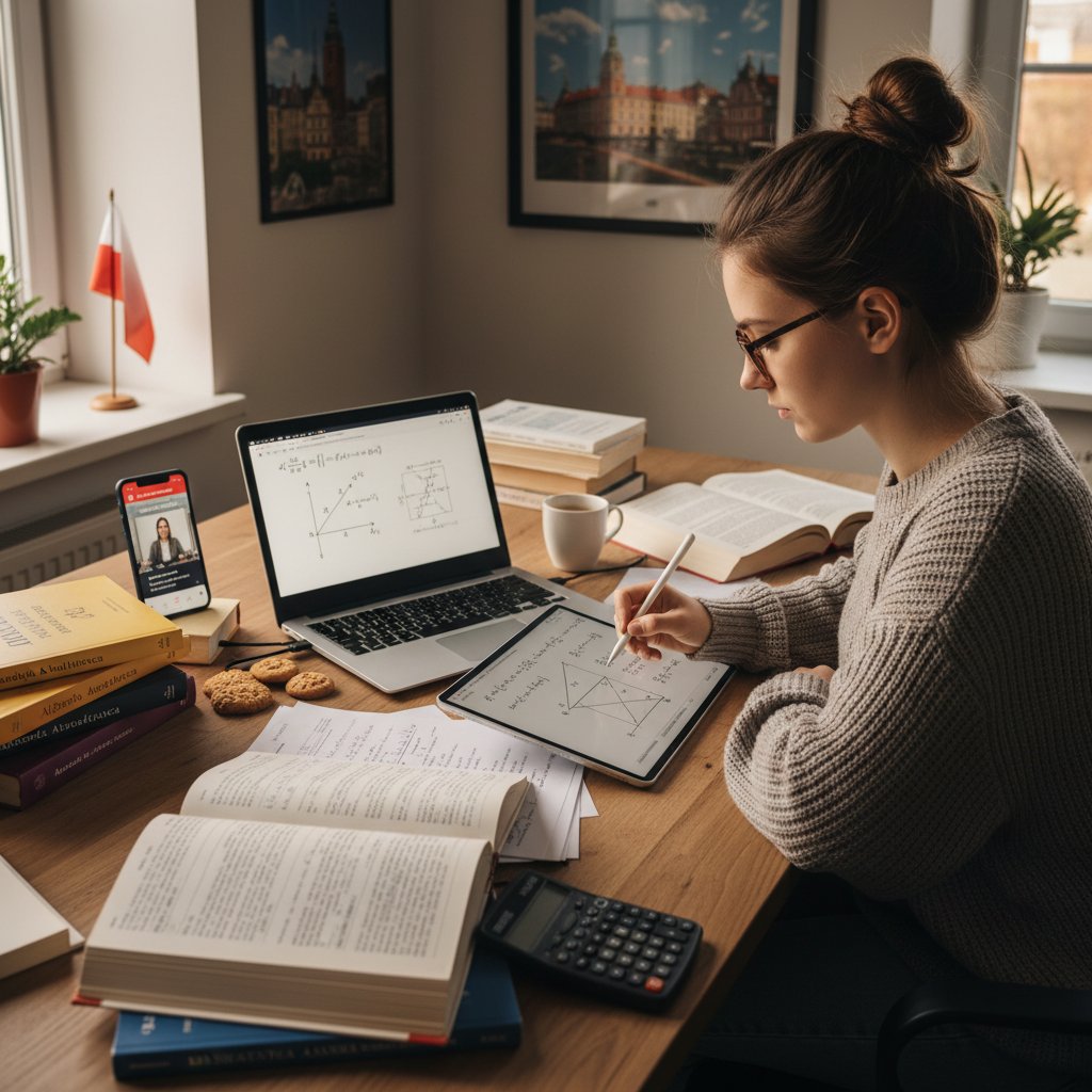 Student korzystający z kilku urządzeń naraz: laptop, tablet, telefon, otwarte zeszyty z matematyką