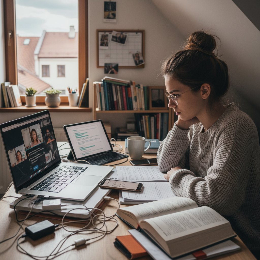 Polski uczeń korzystający z kilku urządzeń podczas nauki online, multitasking, nauka zdalna