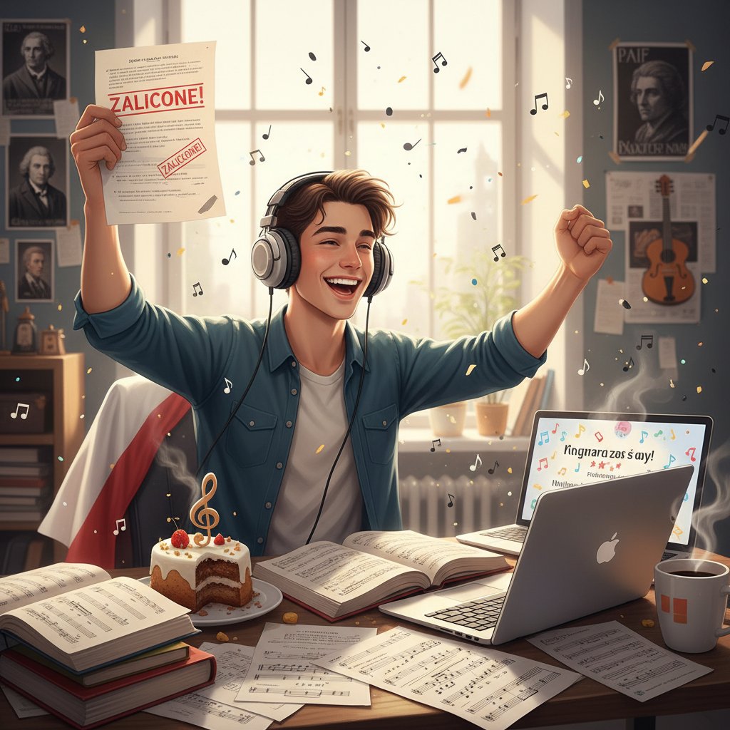 Młody mężczyzna z nutami i słuchawkami świętuje sukces po zdaniu egzaminu muzycznego