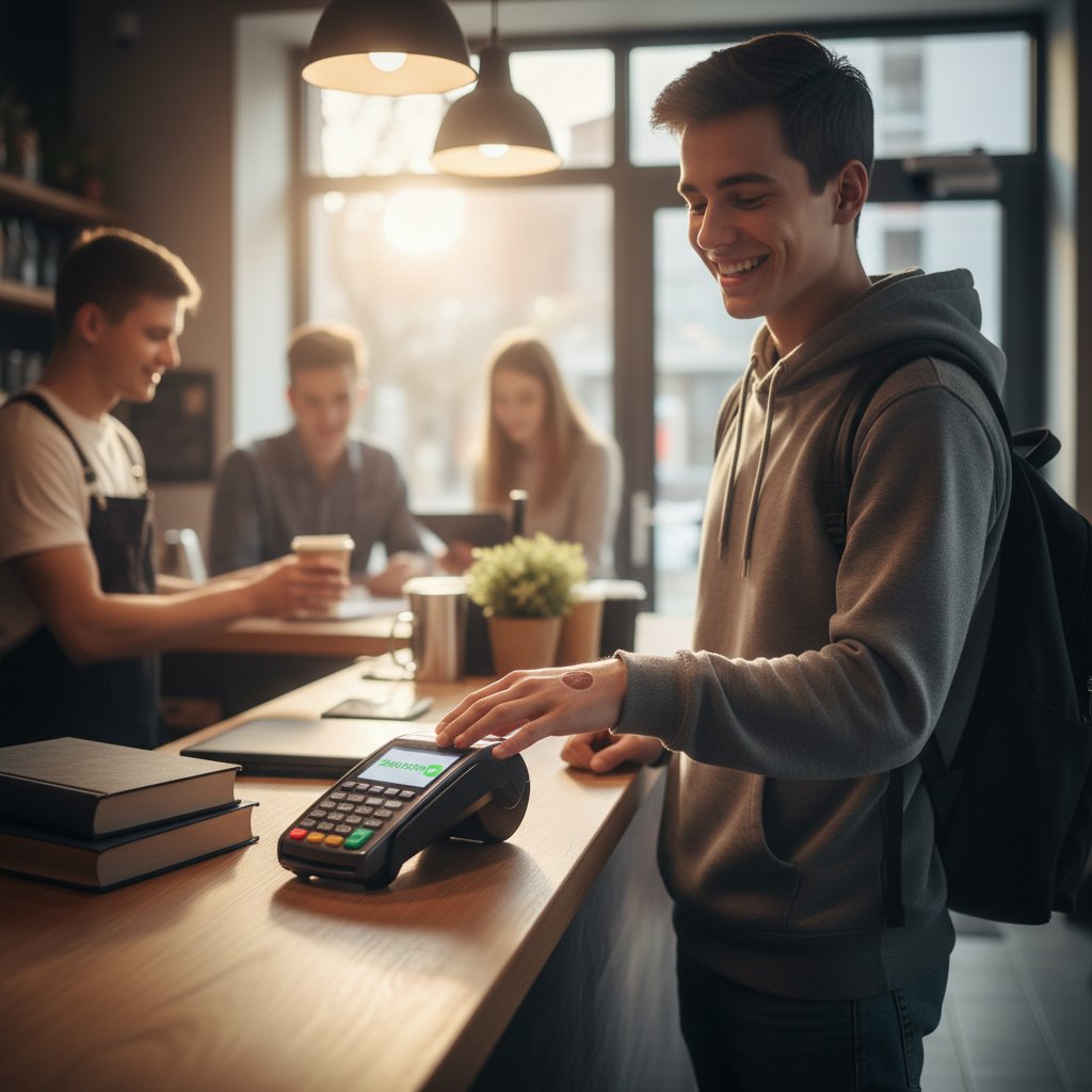 Polski student korzystający z implantu NFC przy terminalu płatniczym – biohacking