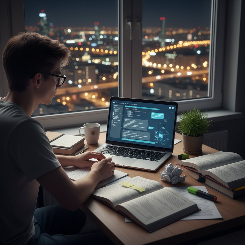 Młody Polak nocą przy laptopie, testuje chatgpt z notatkami i światłami miasta za oknem