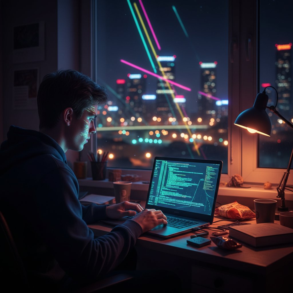 Polski uczeń przy laptopie, uczy się informatyki online, otoczony cyfrowym kodem i neonowym światłem