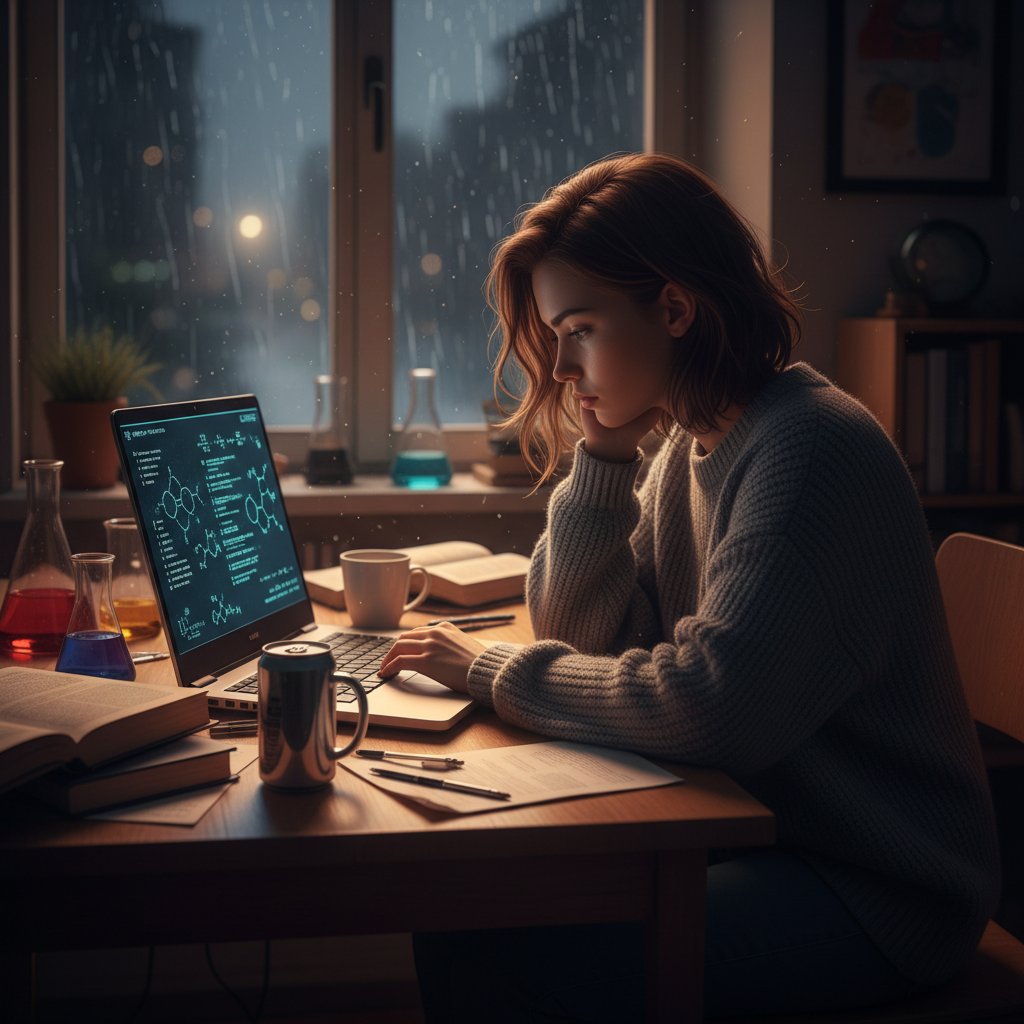 Uczeń przy komputerze z nocnym światłem, chemiczne wzory na ekranie – nauka chemii fizycznej online
