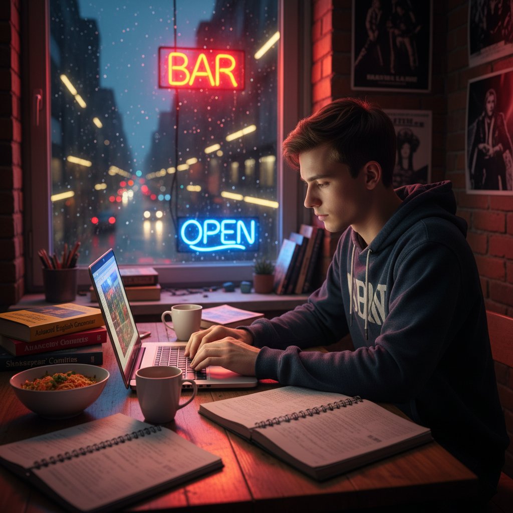 Młody Polak nocą przed laptopem, otoczony angielskimi książkami i neonami, atmosfera intensywnej nauki online