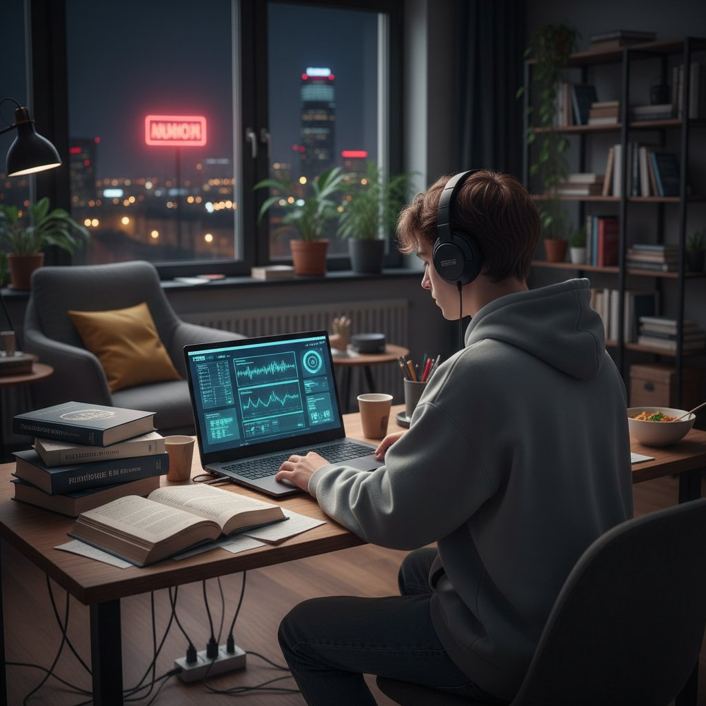 Student uczący się francuskiego akademickiego online z laptopem i notatkami w nocnym pokoju