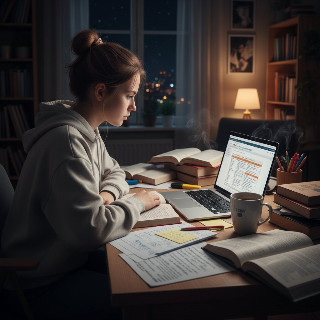 Uczeń nocą przed laptopem, otoczony notatkami i kawą, zgłębia fleksję online