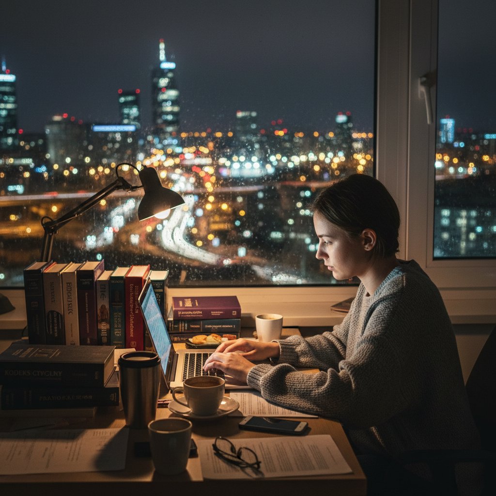 Stres przed maturą z WOS – uczeń analizujący wyniki na ekranie laptopa, noc, stosy książek i kubki po kawie