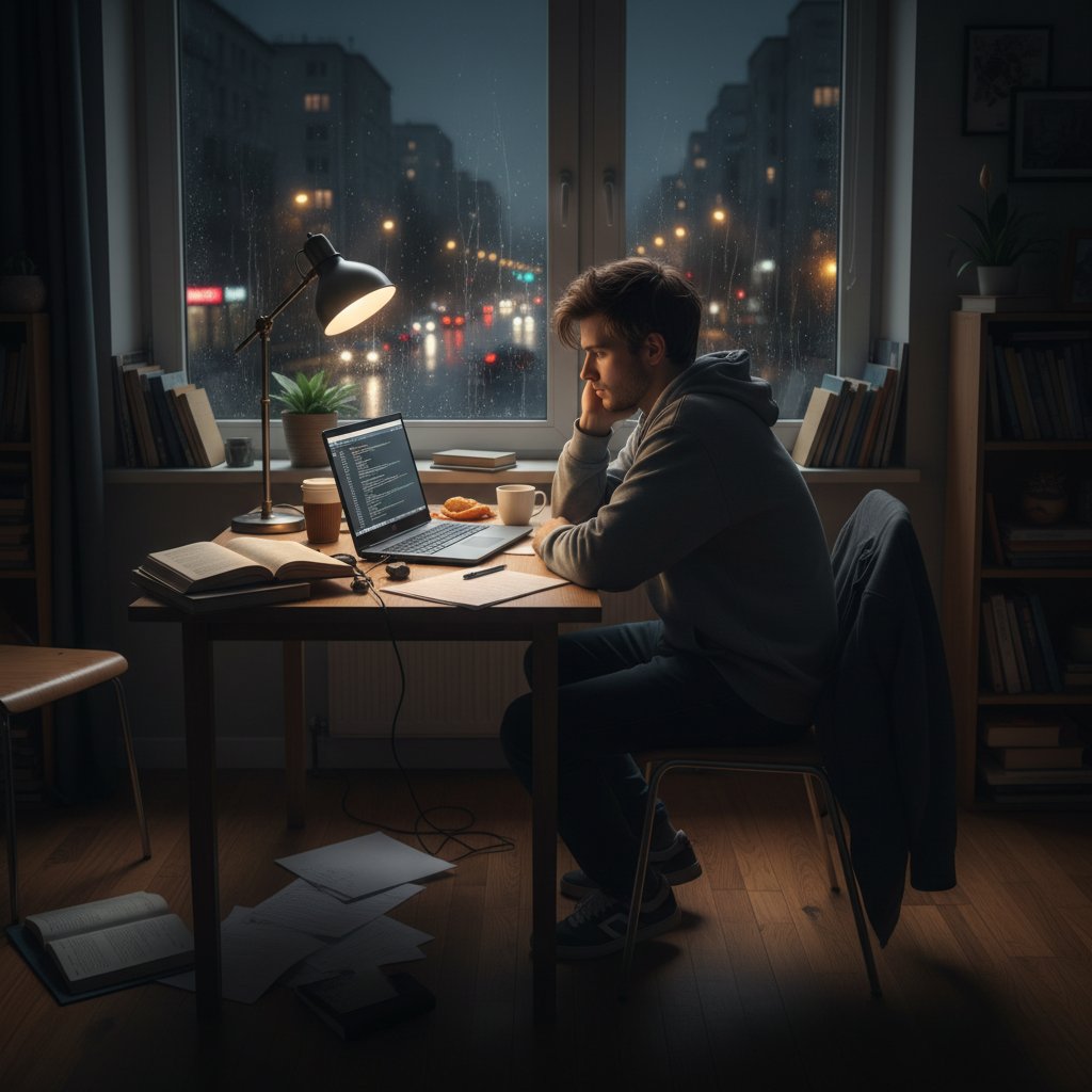 Nastolatek uczący się polskiego online przez laptop, wieczorem, światło ekranu podkreśla skupienie, wokół notatki i książki