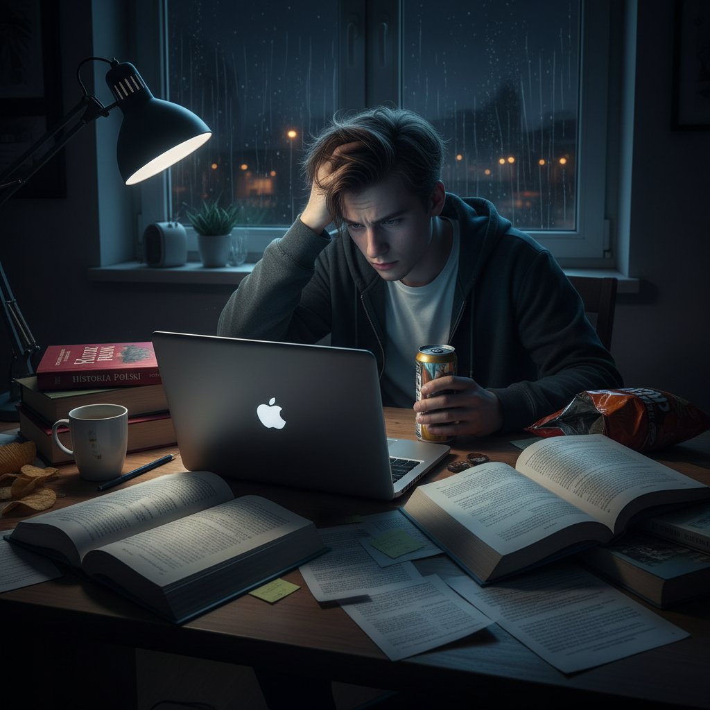 Stres maturzysty w czwartej klasie liceum, noc, laptop, notatki, presja.