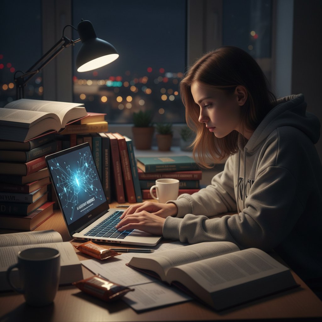 Polski uczeń przy biurku nocą, laptop z AI, książki, zmęczona twarz – szybka pomoc w nauce