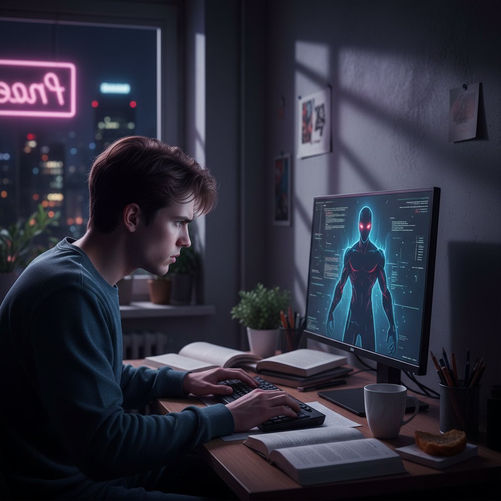 Student przy biurku nocą, komputer oświetla twarz, w tle sylwetka AI, klimat napięcia, urbanistyczne wnętrze