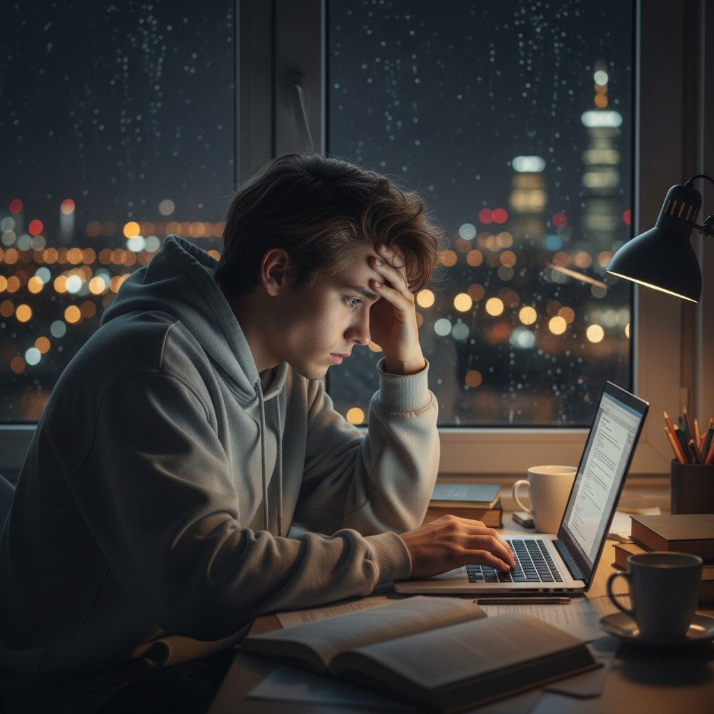 Polski uczeń wieczorem przy komputerze, zmęczony, ale zdeterminowany do nauki online