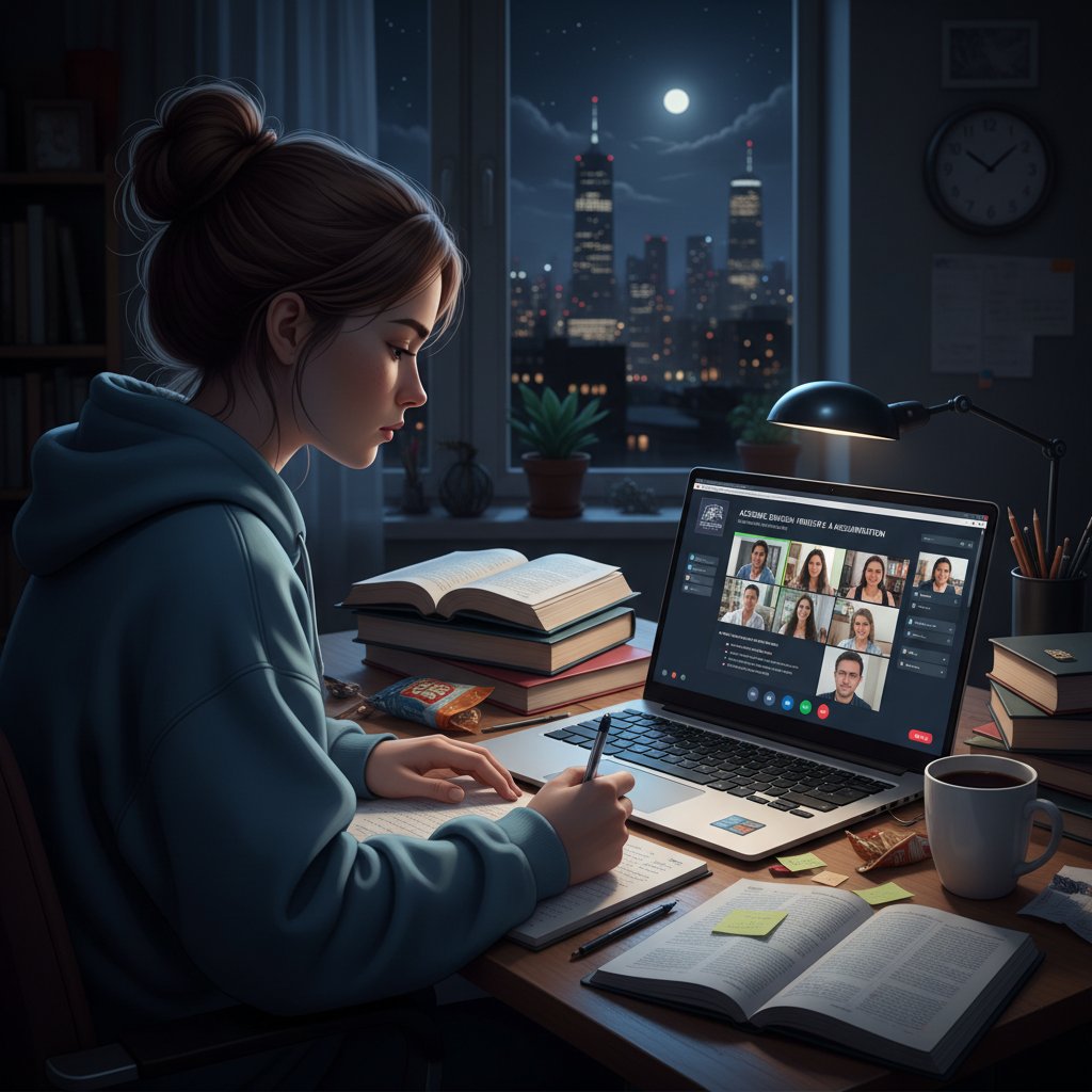 Polski student z determinacją pracuje w nocy nad publikacją naukową po angielsku, wirtualna klasa, mocny kontrast