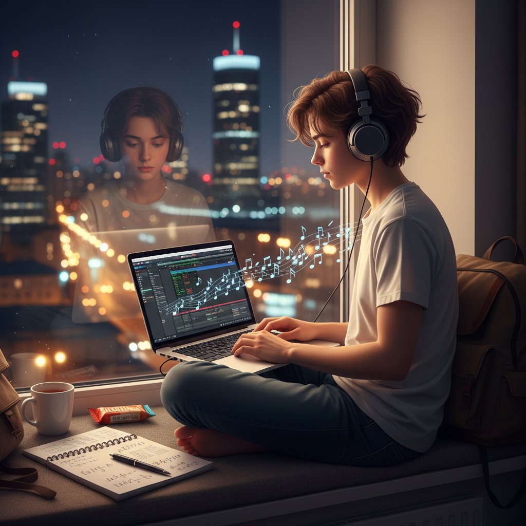 Zdeterminowany polski uczeń melodyki online nocą, z notatnikiem i nutami na ekranie