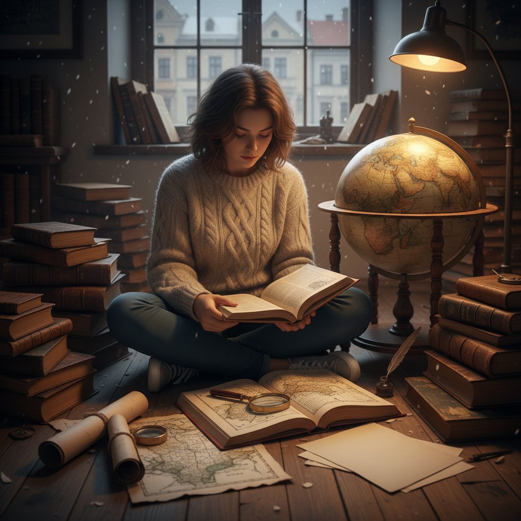 Uczeń z lat 90. przy stole z atlasem, bez komputera, lekcje geografii oldschool