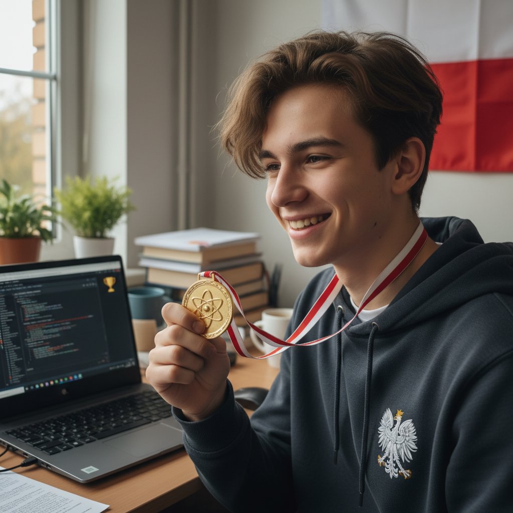 Uczeń z medalem olimpijskim, młody Polak przy komputerze, wyraz satysfakcji