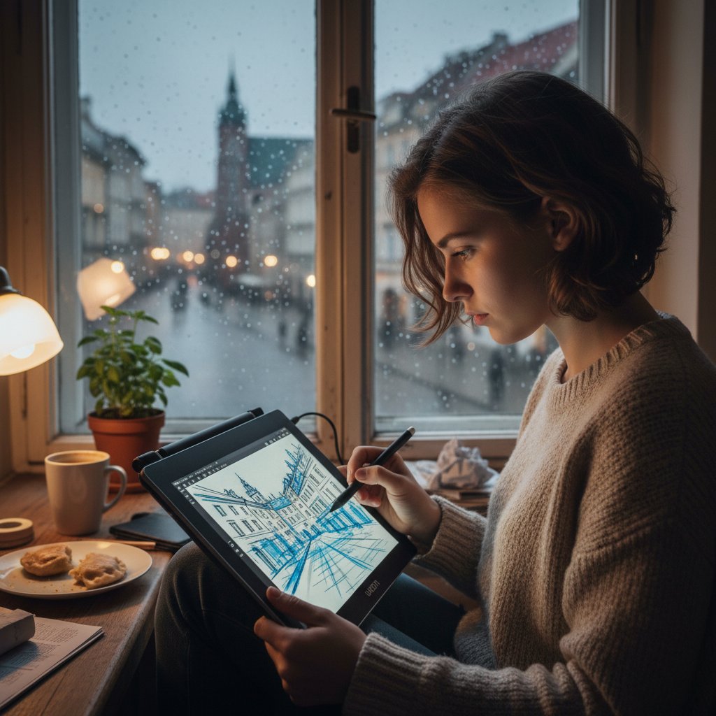 Polski uczeń podczas wieczornej lekcji rysunku online, rozświetlony ekran tabletu, miejskie okno w tle
