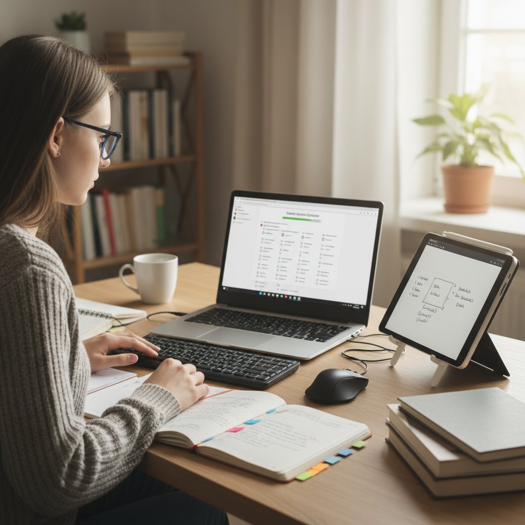 Student korzystający z laptopa podczas egzaminu online, skupiony, cyfrowe narzędzia i notatki