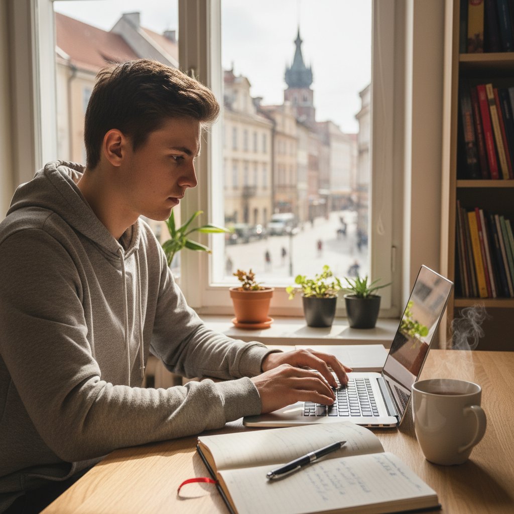 Polski uczeń przy komputerze podczas nauki online, notatki i ekran laptopa pełen materiałów edukacyjnych