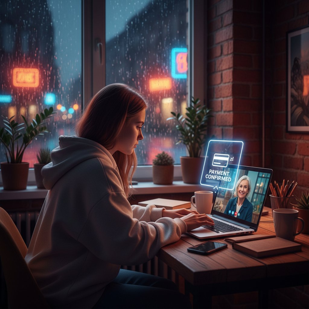 Student korzystający z laptopa podczas płatności za korepetycje online – płatności elektroniczne, wieczorna atmosfera w polskim mieszkaniu