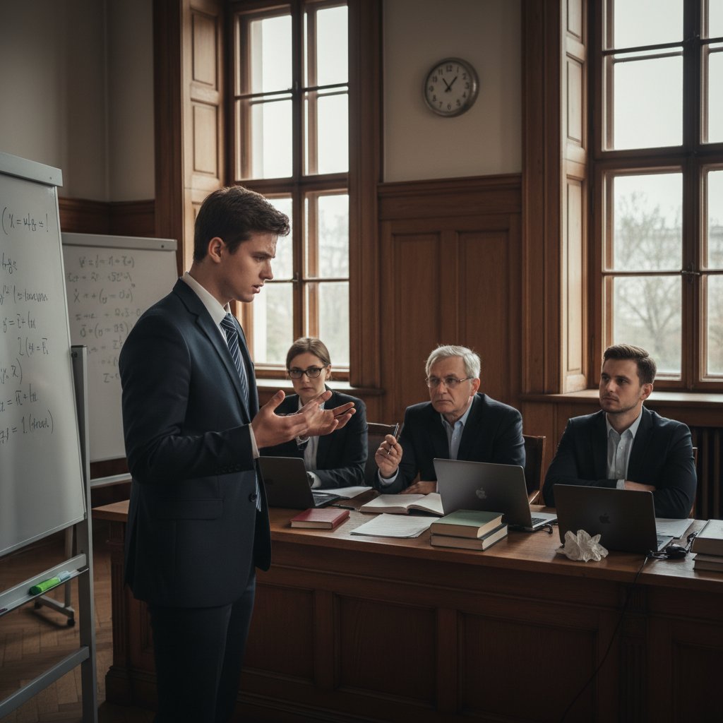 Maturzysta odpowiadający przed komisją egzaminacyjną, widoczne emocje, egzamin ustny