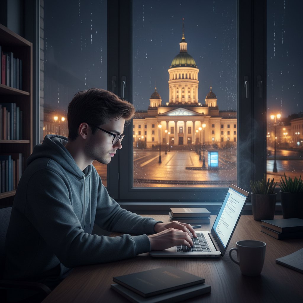 Polski licealista uczący się online z laptopem, z widocznym budynkiem Sejmu przez okno, nocna sceneria