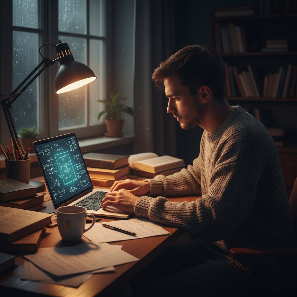 Młody polski student przy laptopie, otoczony wzorami fizycznymi na tablicy, klimatyczne światło nocne