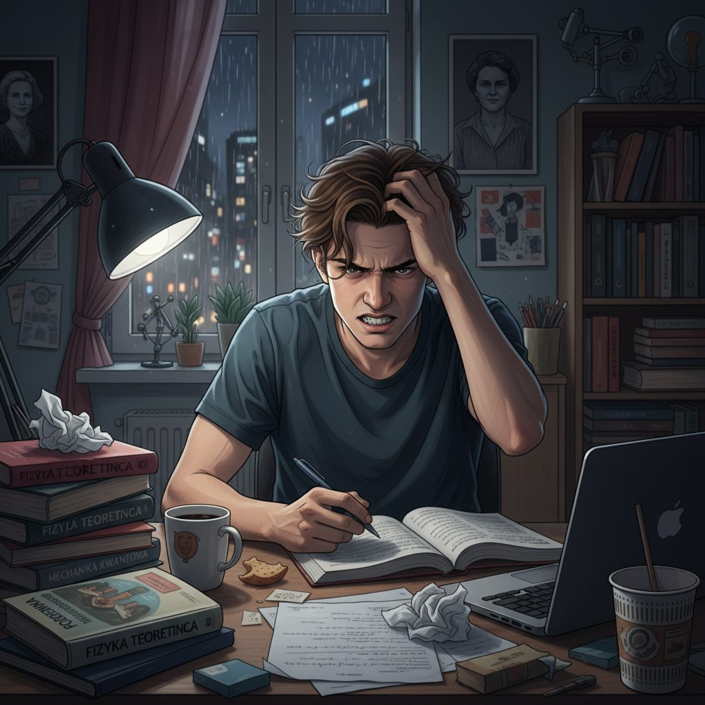 Zdeterminowany polski maturzysta uczący się fizyki nocą, otoczony książkami, notatkami i laptopem; atmosfera napięcia i skupienia