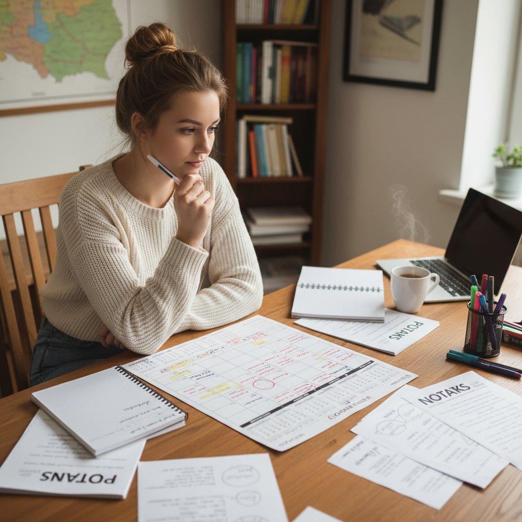 Maturzysta planujący naukę przy tablicy, kalendarz, notatki, polski pokój