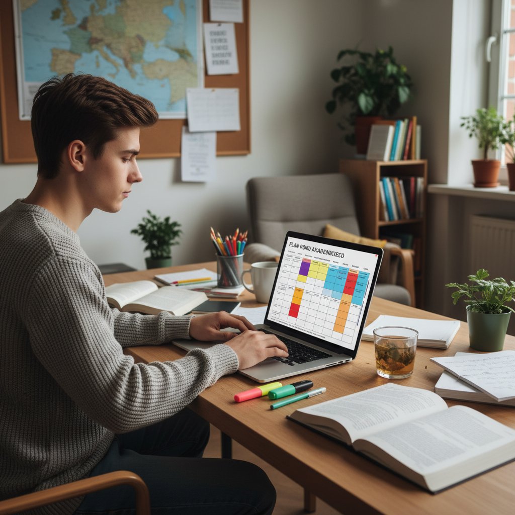 Polski uczeń planujący rok szkolny przy laptopie, spokojna i skoncentrowana atmosfera rozwoju