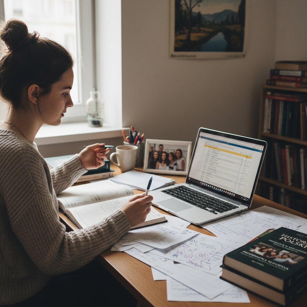 Młody uczeń planujący naukę przy biurku z komputerem i notatkami