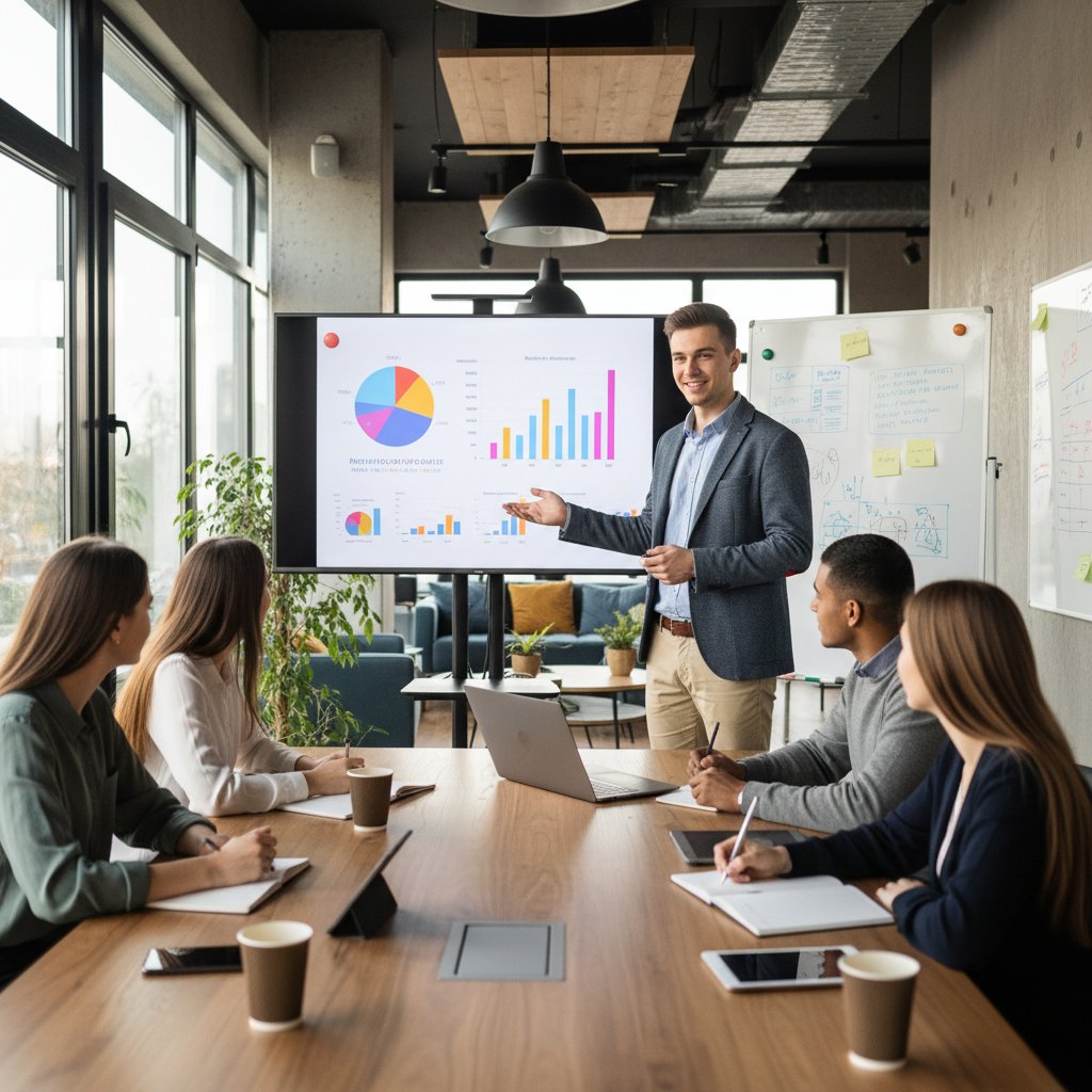 Polska studentka prezentuje projekt analizy danych na laptopie, zespół słucha, biuro, dzienny światło