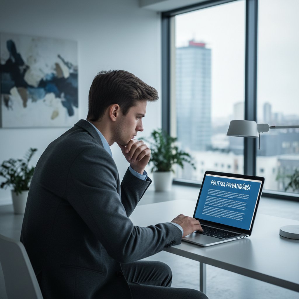 Student sprawdzający politykę prywatności, laptop, poważny wyraz twarzy, nowoczesne polskie wnętrze