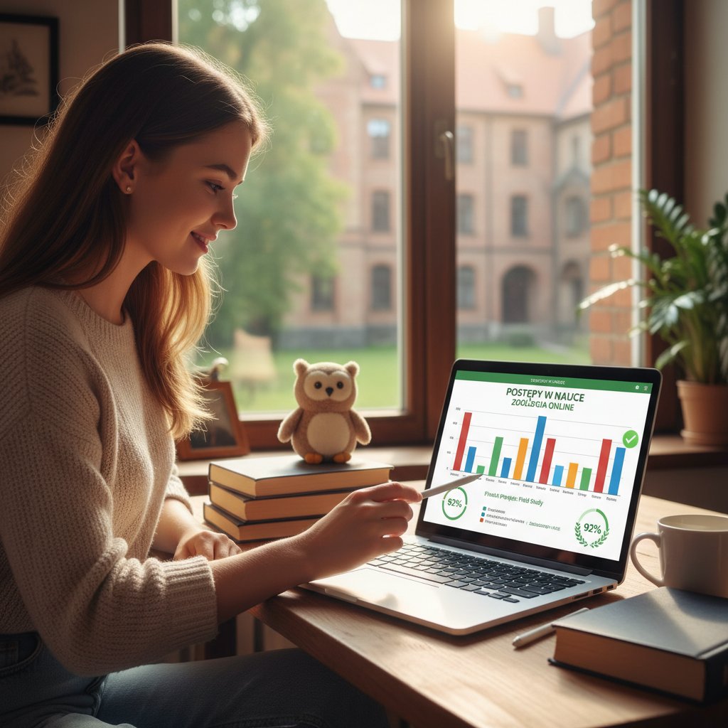 Uczeń sprawdza wykres postępów nauki zoologii na laptopie