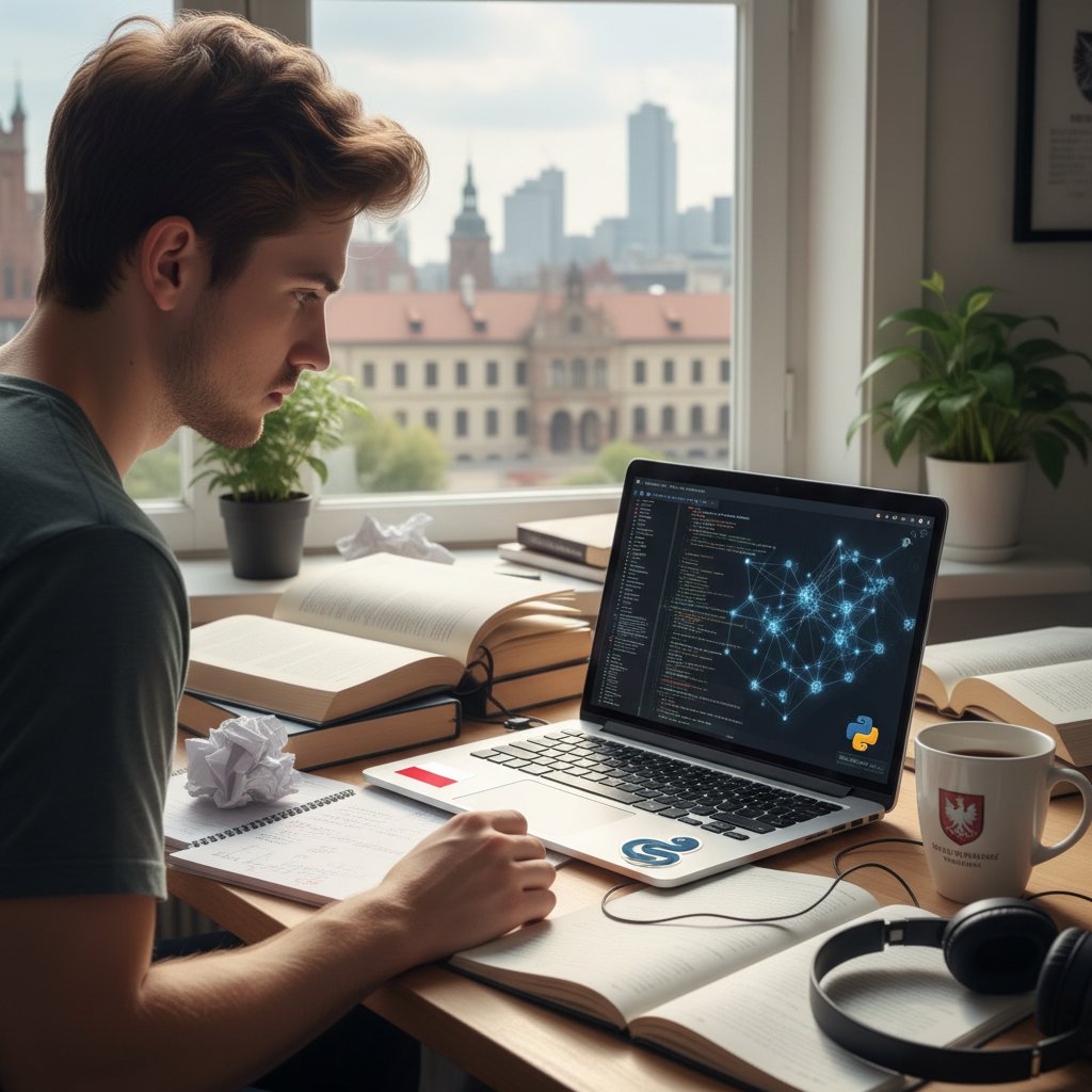 Studentka siedzi przed laptopem, uczy się Pythona z pomocą AI, notatki na biurku