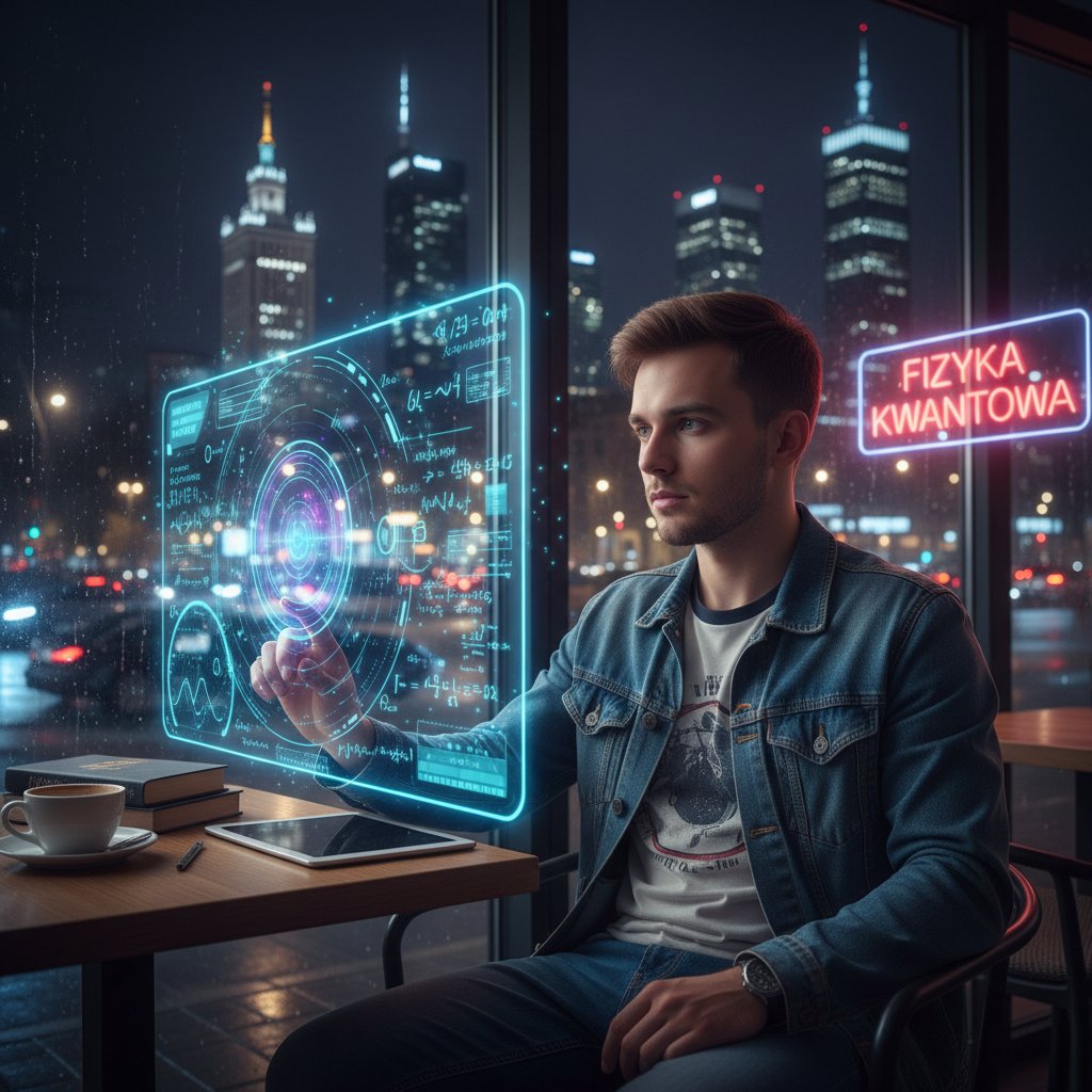 Polski student podczas nauki fizyki kwantowej online w nowoczesnym, miejskim otoczeniu, noc, ekran komputera oświetlony wzorami kwantowymi
