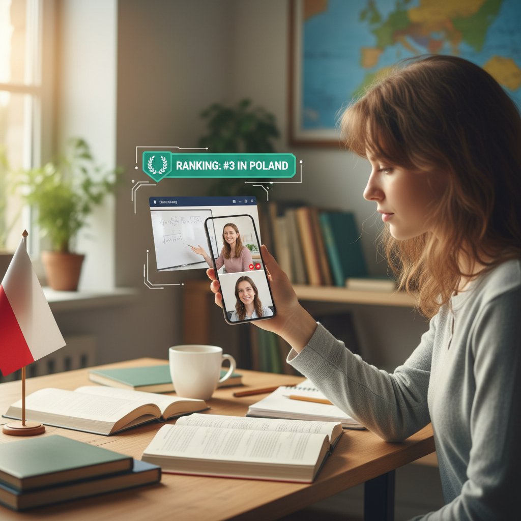 Polski uczeń przeglądający ranking platform korepetycji online na smartfonie