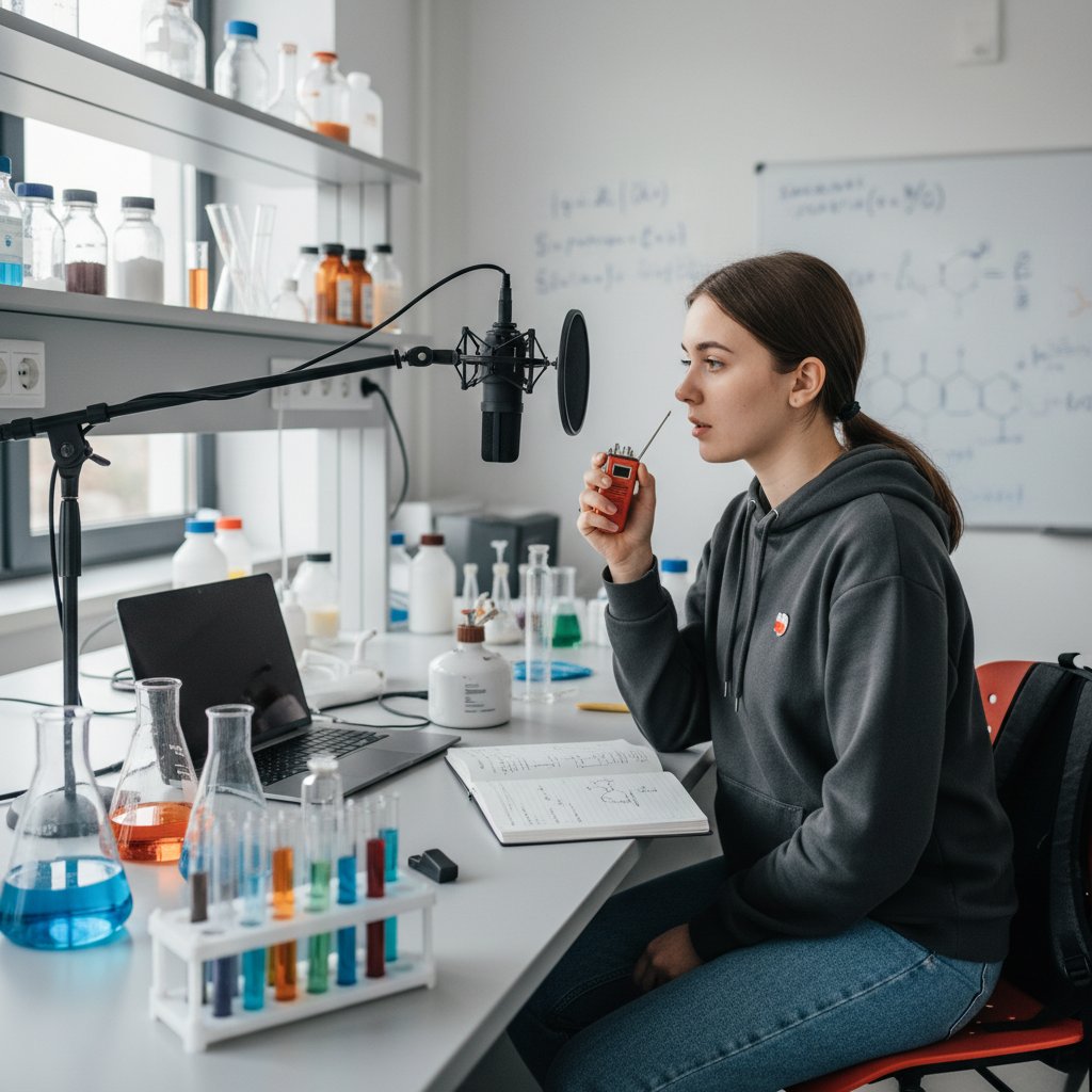 Polska maturzystka nagrywająca własne notatki audio do chemii