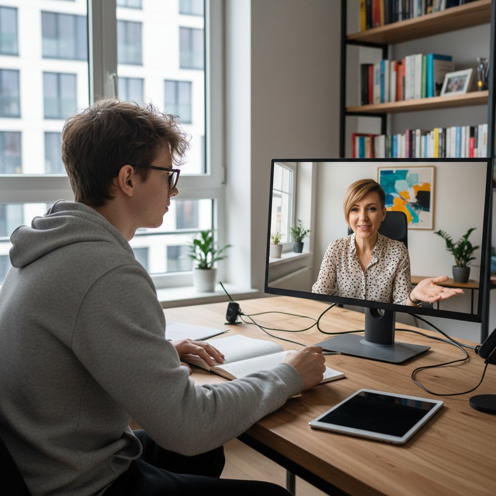 Uczennica na emigracji podczas lekcji polskiego online z nowoczesnym nauczycielem – skuteczność nauki przez internet