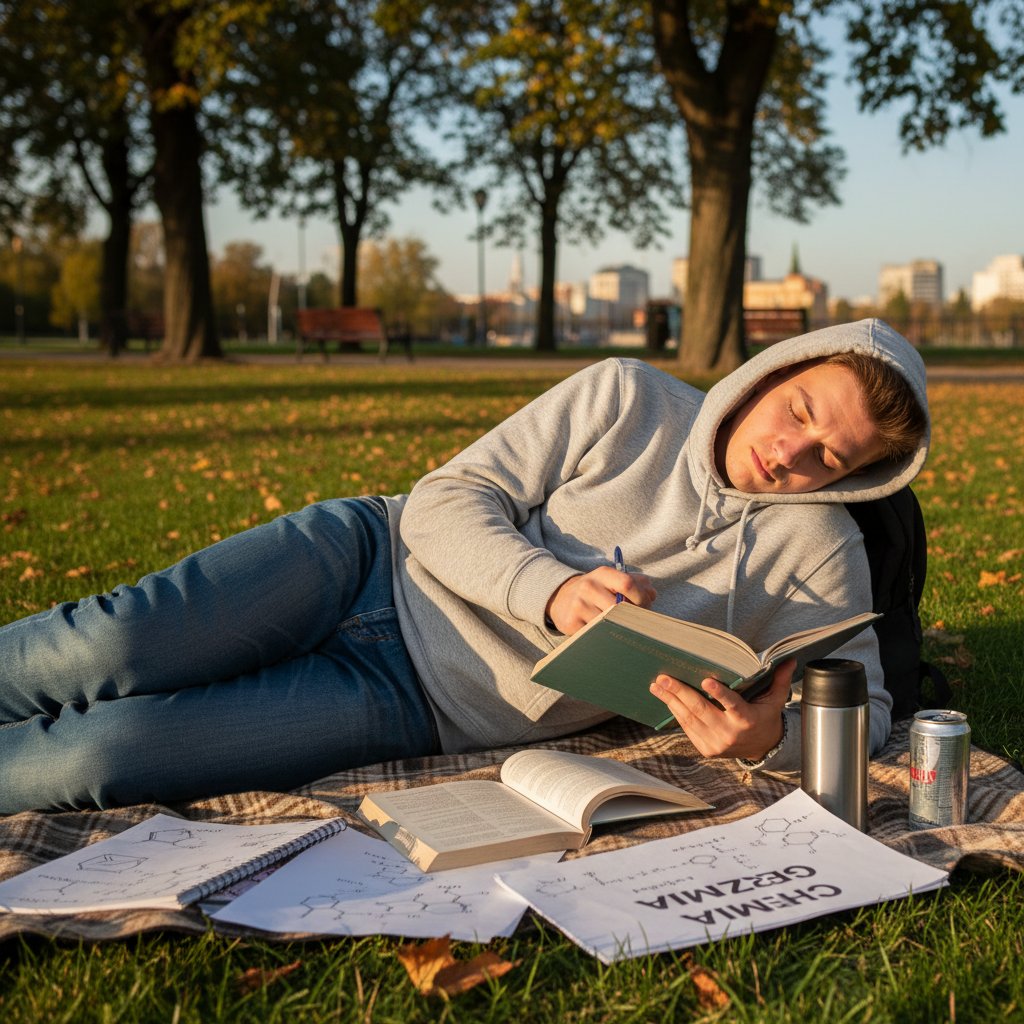 Zrelaksowany licealista odpoczywający w parku po nauce do matury z chemii