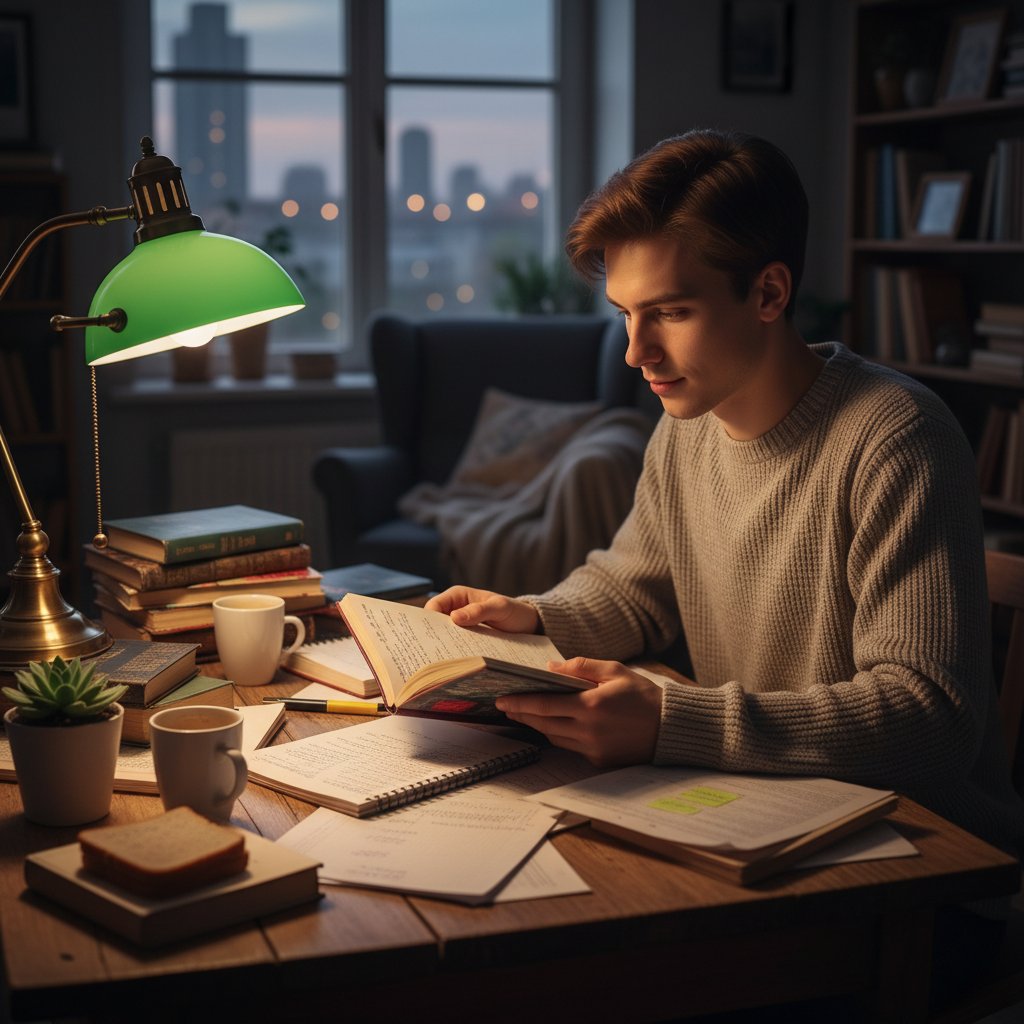 Uczeń powtarzający materiał przy biurku, wieczór, notatki, głębokie skupienie