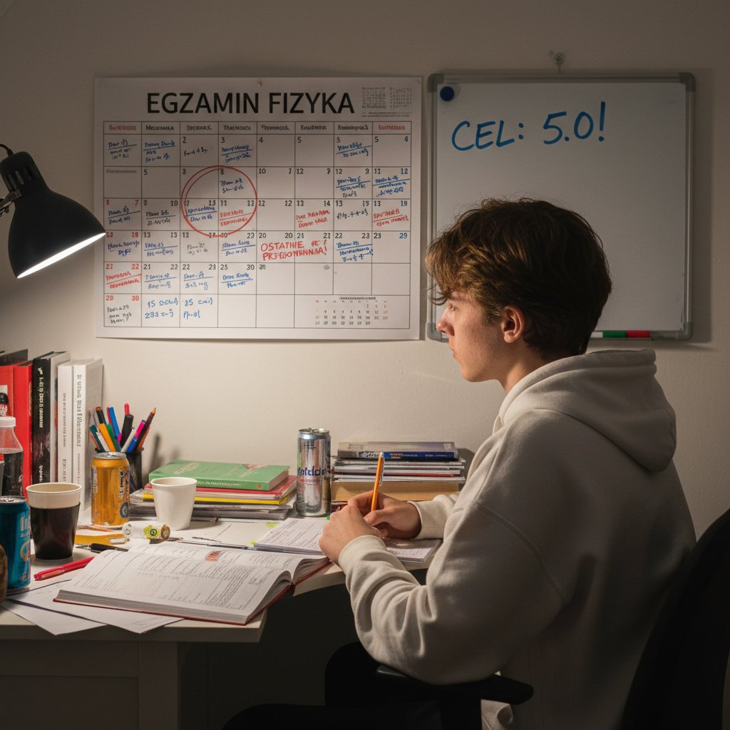 Zorganizowany uczeń powtarzający materiał z fizyki, harmonogram nauki na ścianie, atmosfera ostatnich przygotowań