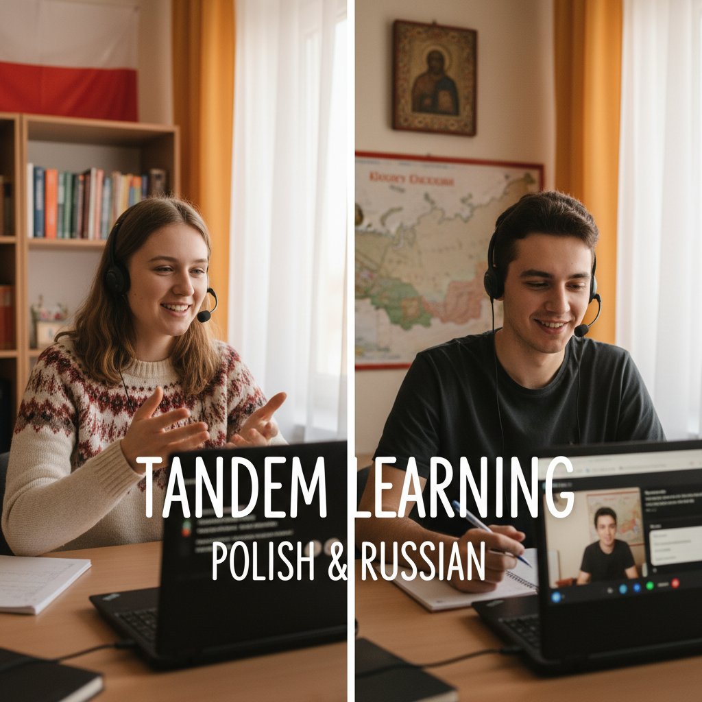 Spotkanie online tandemowe - polski student i rosyjski partner dyskutują przez laptop