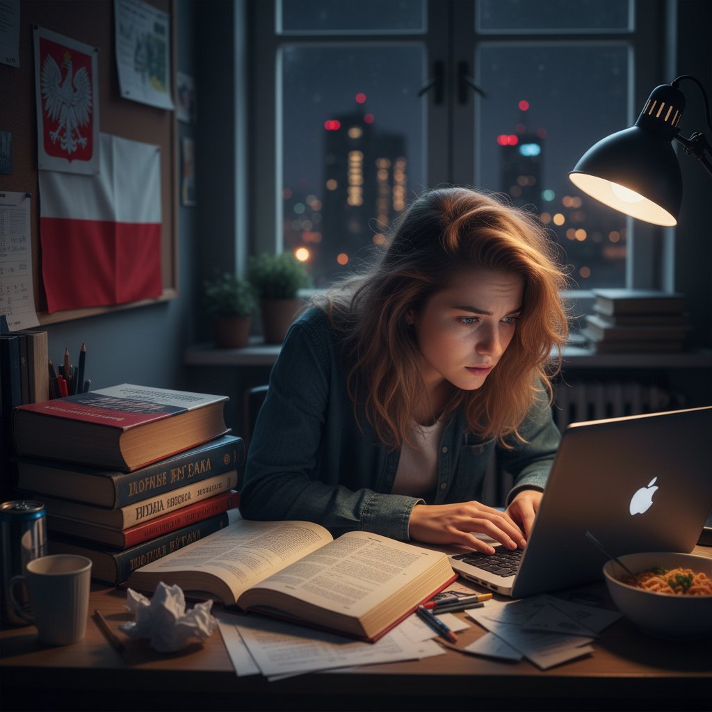 Polski uczeń z rosyjskimi podręcznikami, egzamin online, noc, stres, nowoczesny pokój